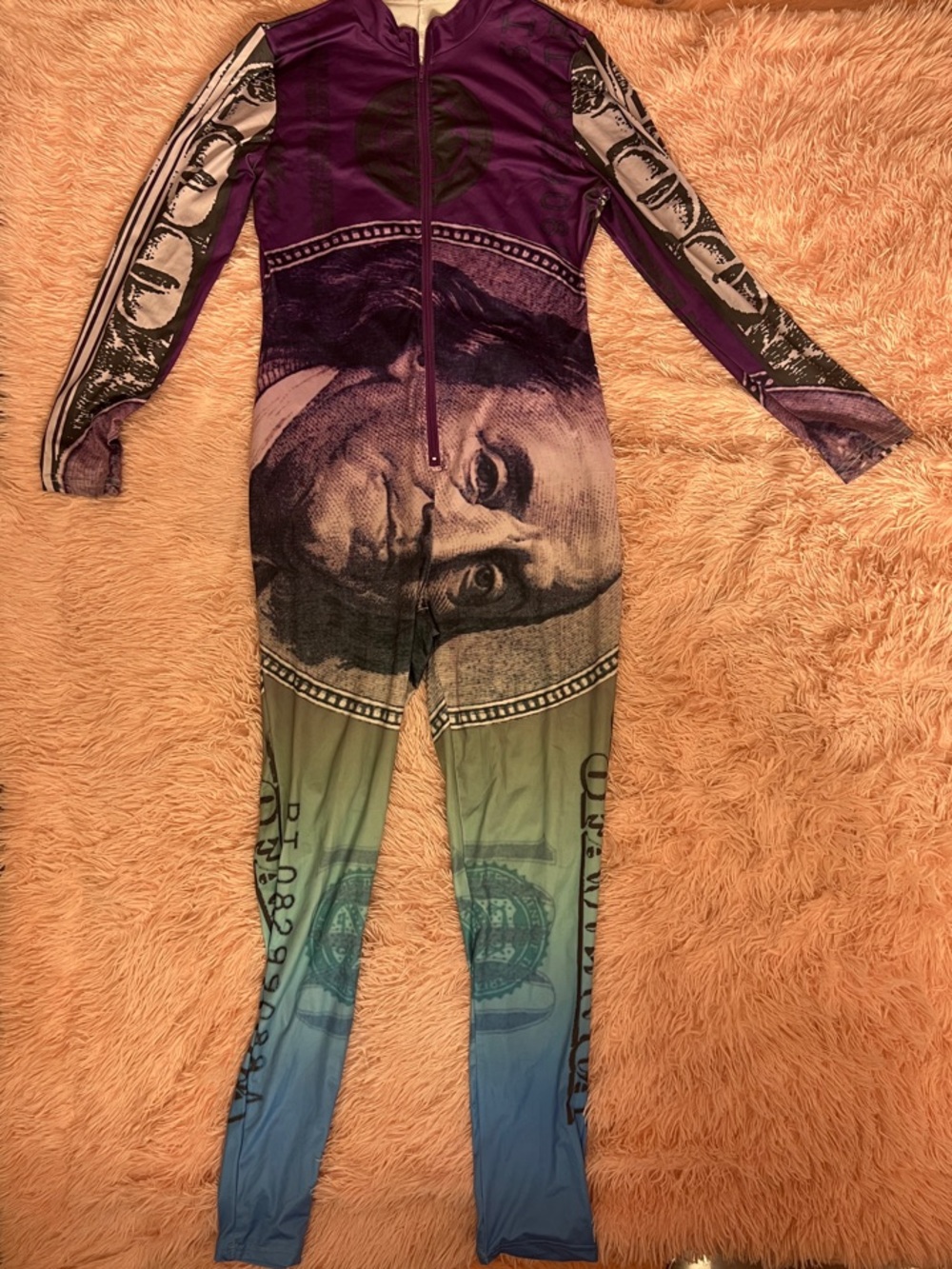 Money Print Full Zip Skinny Jumpsuit - Purple Green Blue